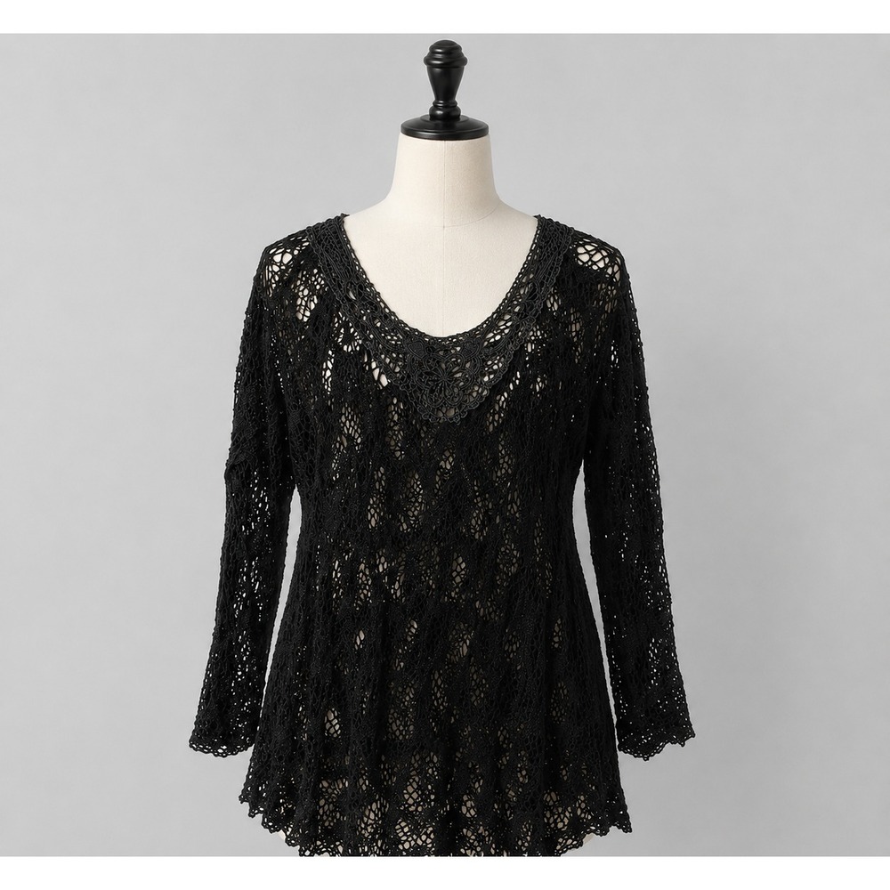 Womens Sweater Size L Black Open Knit Crochet Hi Low Witchy Whimsigoth Fairy